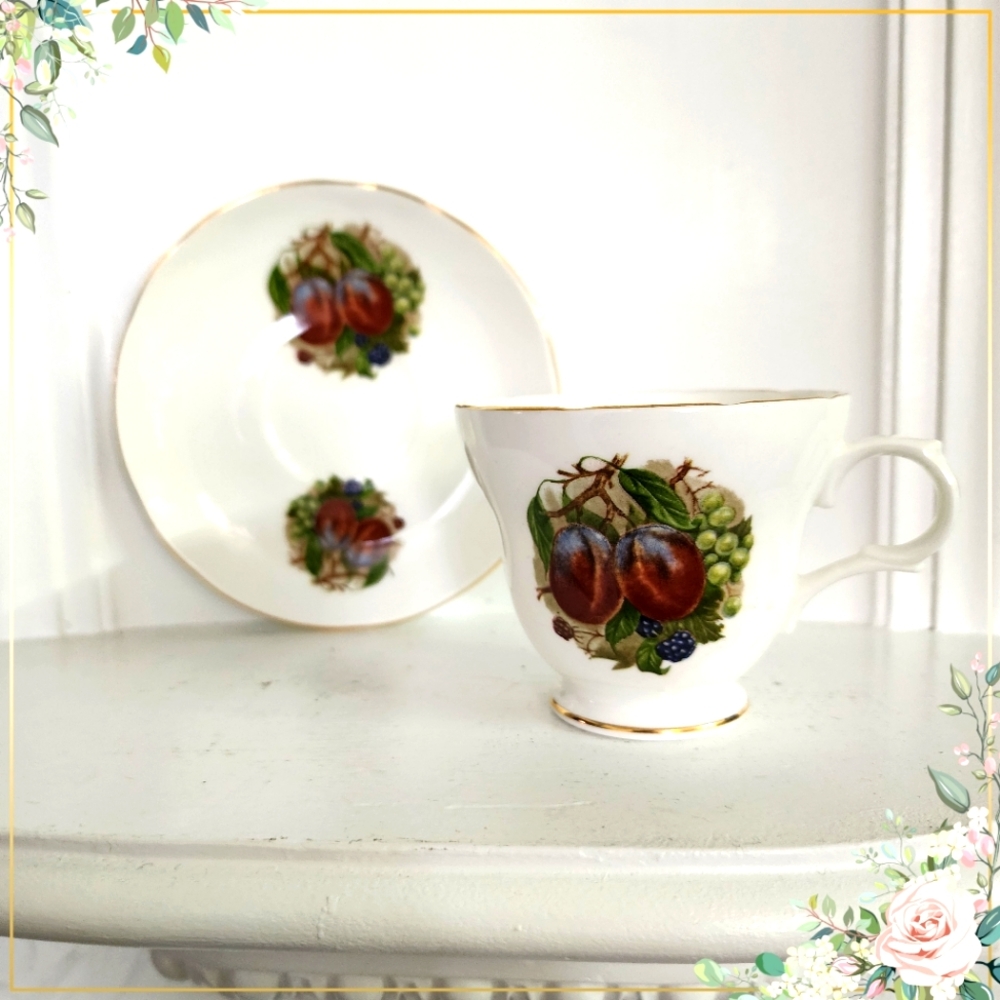 Royal Trent Fine Bone China Plum Fruit Tea Cup & Saucer with Gilded Rims